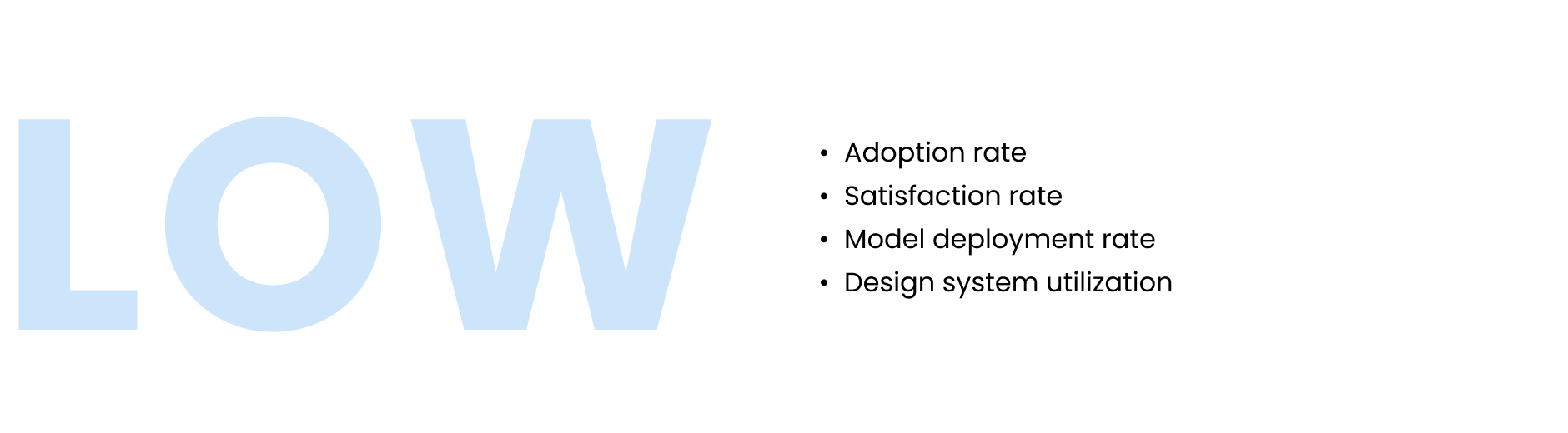 Problem: low adoption rate, low satisfaction rate, low model deployment rate, and low design system utilization