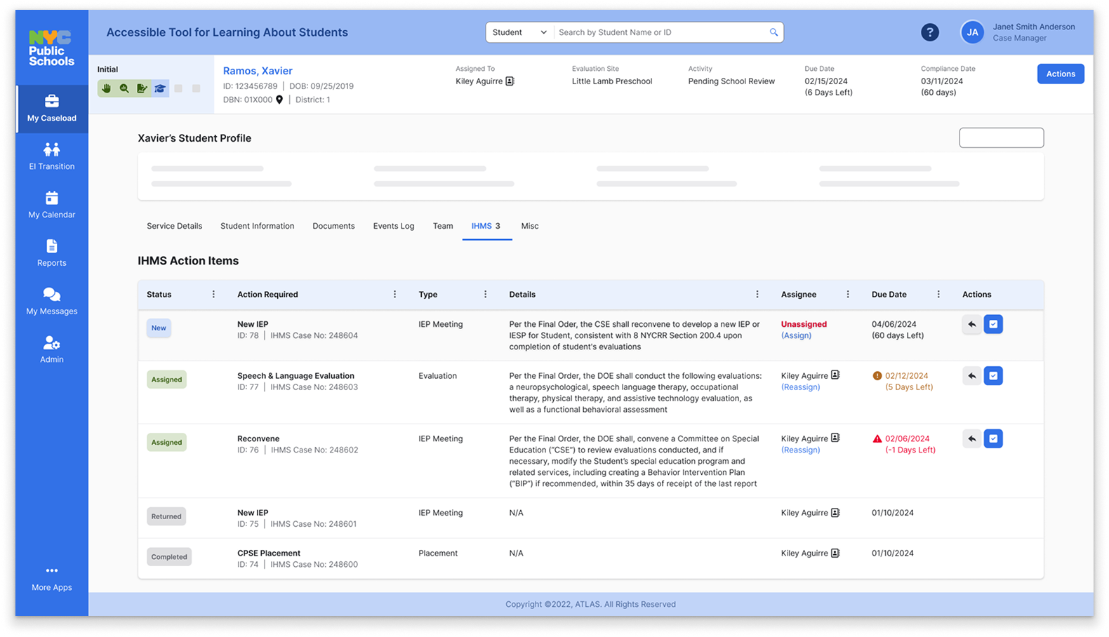 ATLAS IHMS prototype showing mock student action-item data