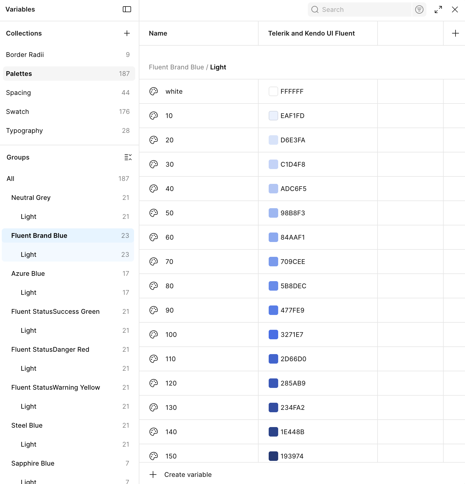 Figma variables palette screenshot