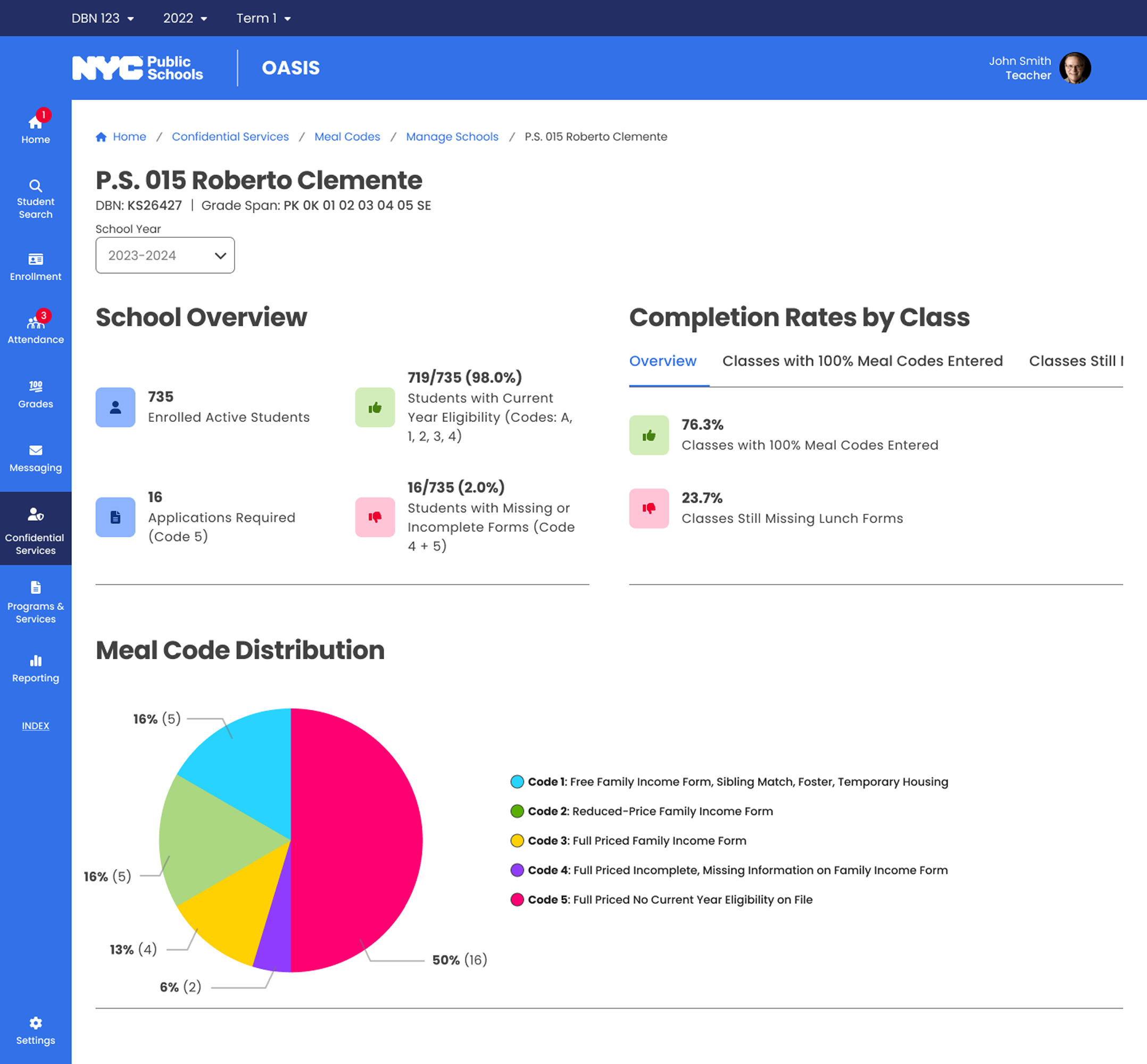 School admin view: building-wide meal code management